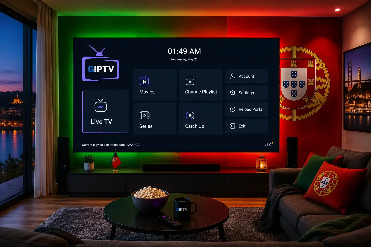 GSE Smart IPTV numa Smart TV com interface IPTV e canais portugueses, sala decorada com as cores de Portugal