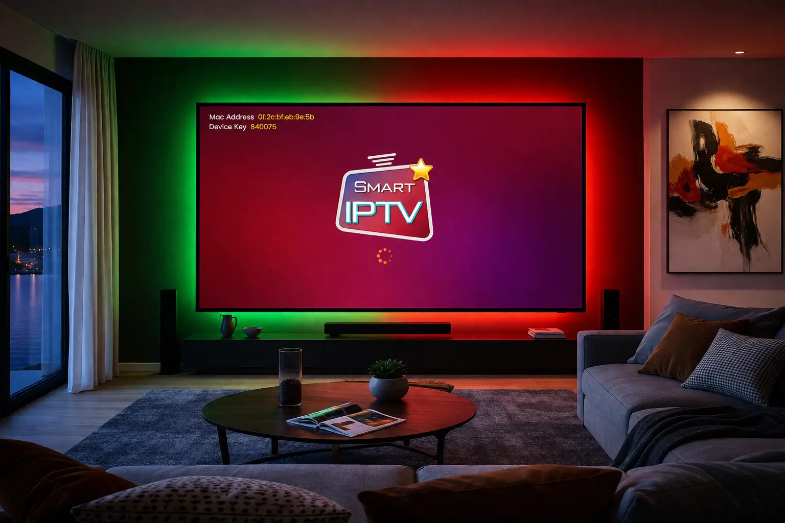 Ecrã inicial do Smart IPTV com endereço MAC e Device Key numa Smart TV