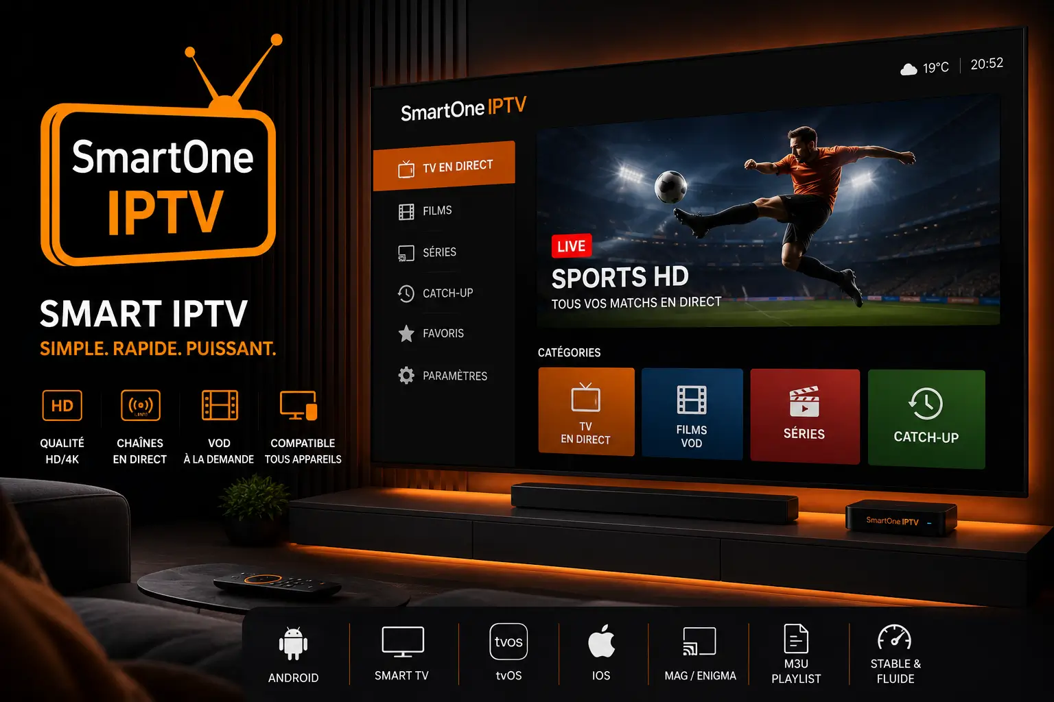 SmartOne IPTV — interface na Smart TV com canais portugueses